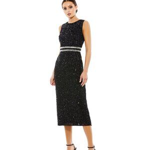 MAC DUGGAL SLEEVELESS BLACK BEADED MIDI SHEATH DRESS SIZE 16